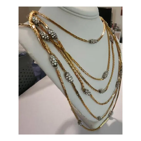 Vintage Christian Dior 6 Strand Gold Tone Necklace, Pave Crystal Beads, 1970s - Picture 6 of 14
